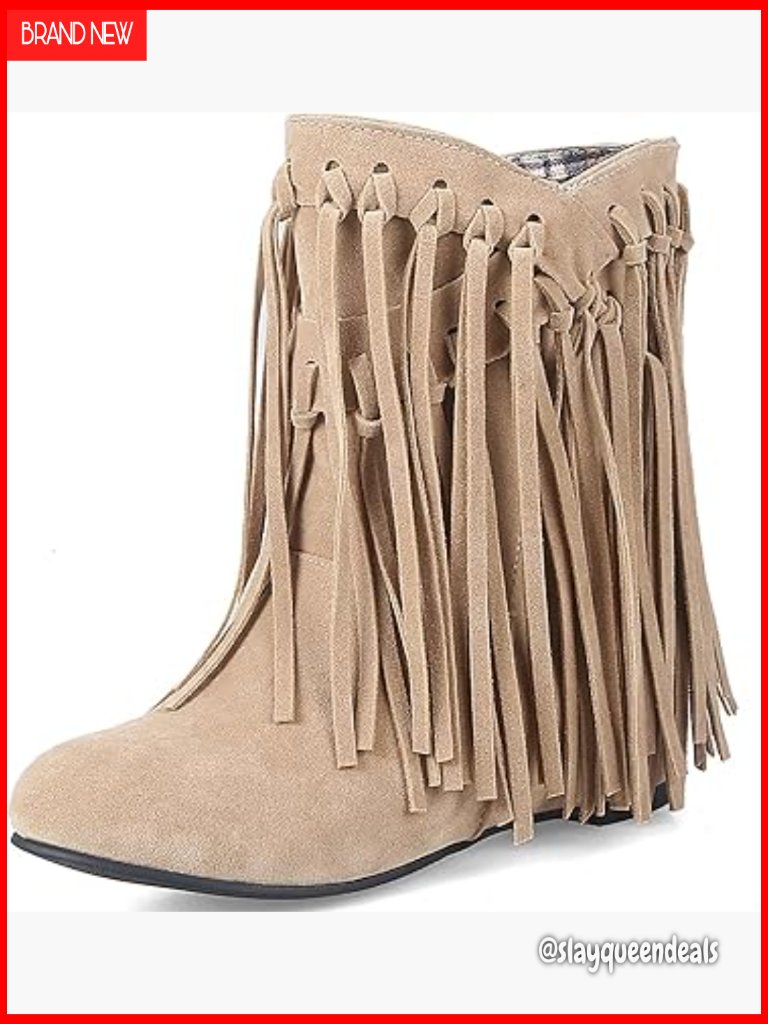 Suede Tassel Fringe Ankle Boots Pointed Toe Fur Lined Pull On Flat Heel